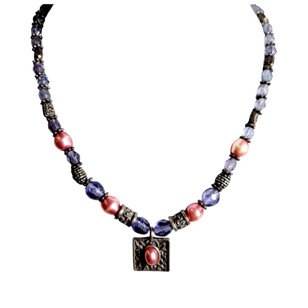 Vintage Handmade Beaded Necklace Lavender & Pink Lobster Claw Closure 15"